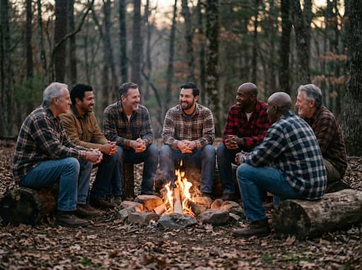 A diverse circle of men gathered outdoors, inviting the world to celebrate Brotherhood.