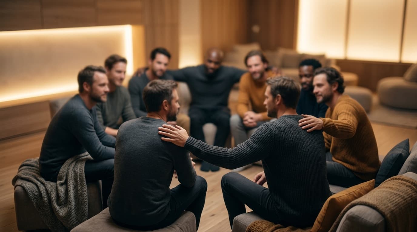 Men seated in a circle listening deeply to one another, representing Brotherhood as a source of support and wellbeing.
