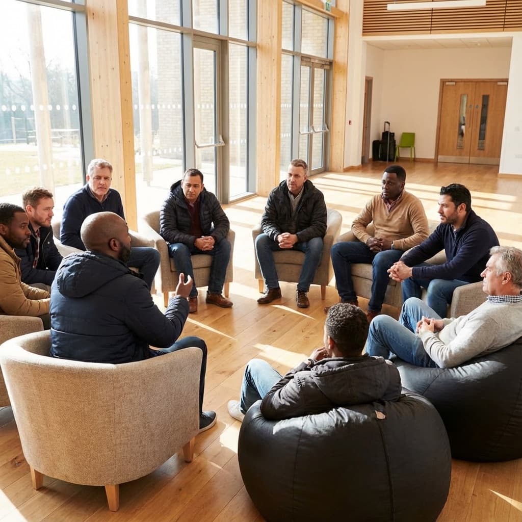 Men gathered in a Brotherhood circle, practicing the principles of True Manhood through honest connection.